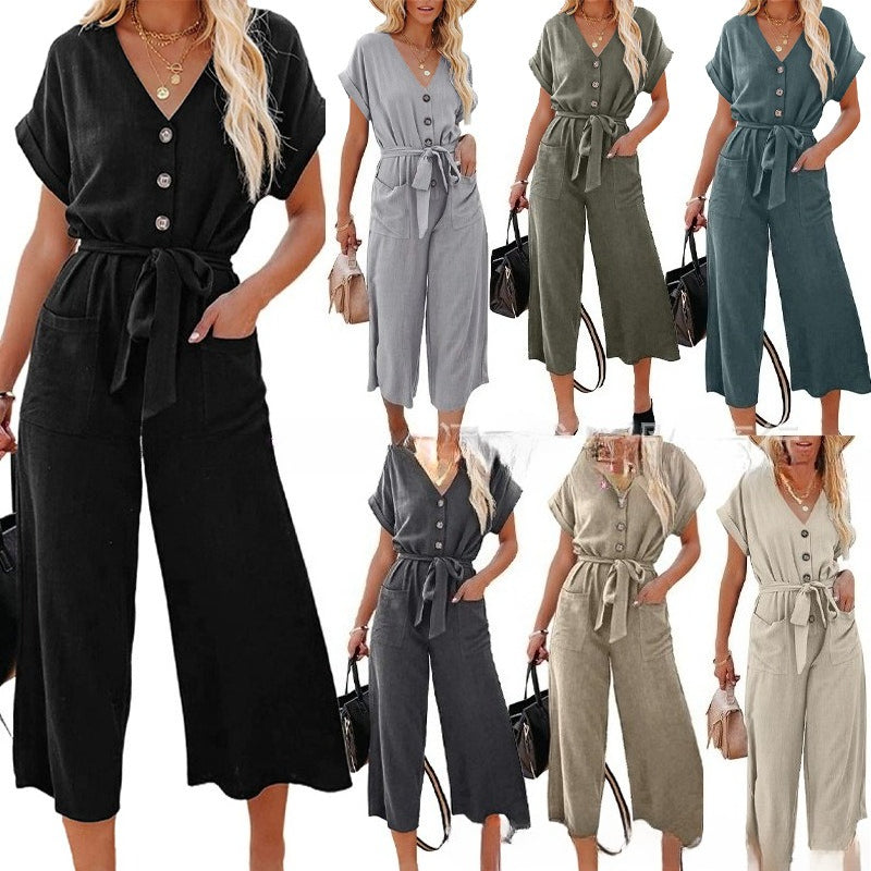 Women's Wide-Leg Jumpsuit Relaxed V-Neck Tie-Waist with Pockets Summer
