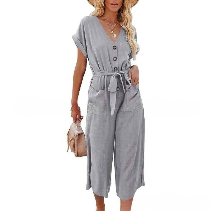 Women's Wide-Leg Jumpsuit Relaxed V-Neck Tie-Waist with Pockets Summer