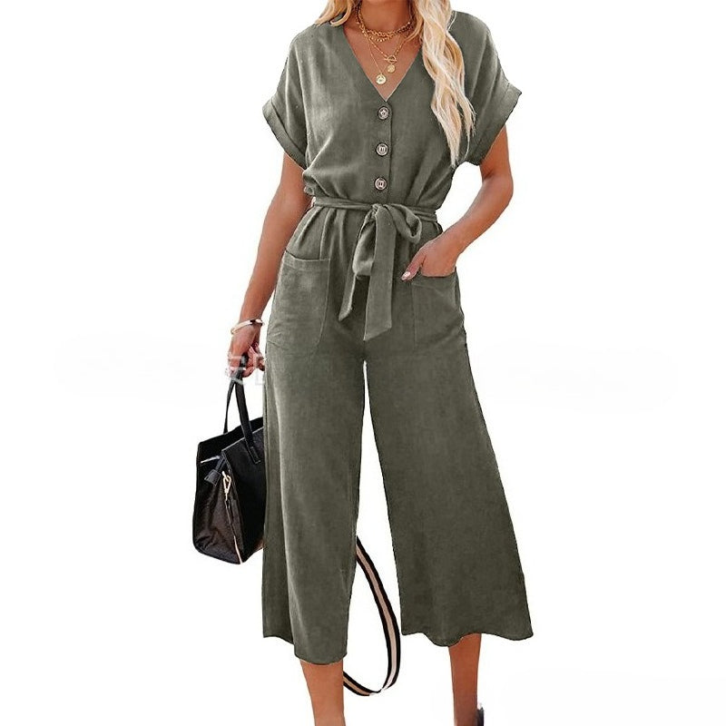 Women's Wide-Leg Jumpsuit Relaxed V-Neck Tie-Waist with Pockets Summer