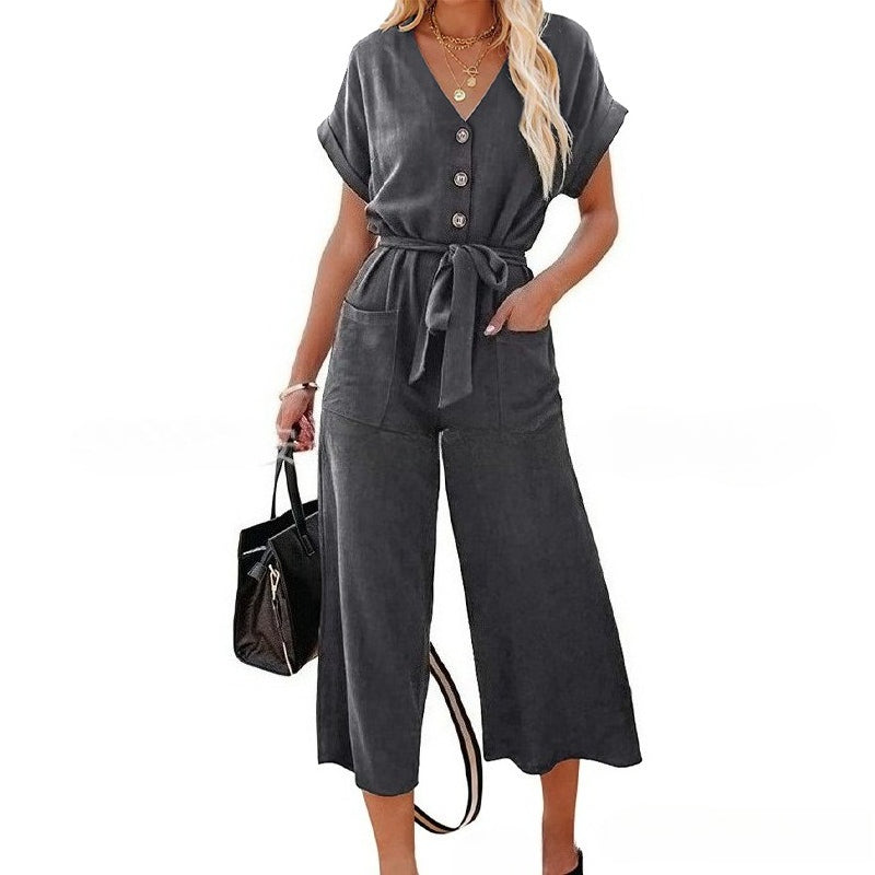 Women's Wide-Leg Jumpsuit Relaxed V-Neck Tie-Waist with Pockets Summer