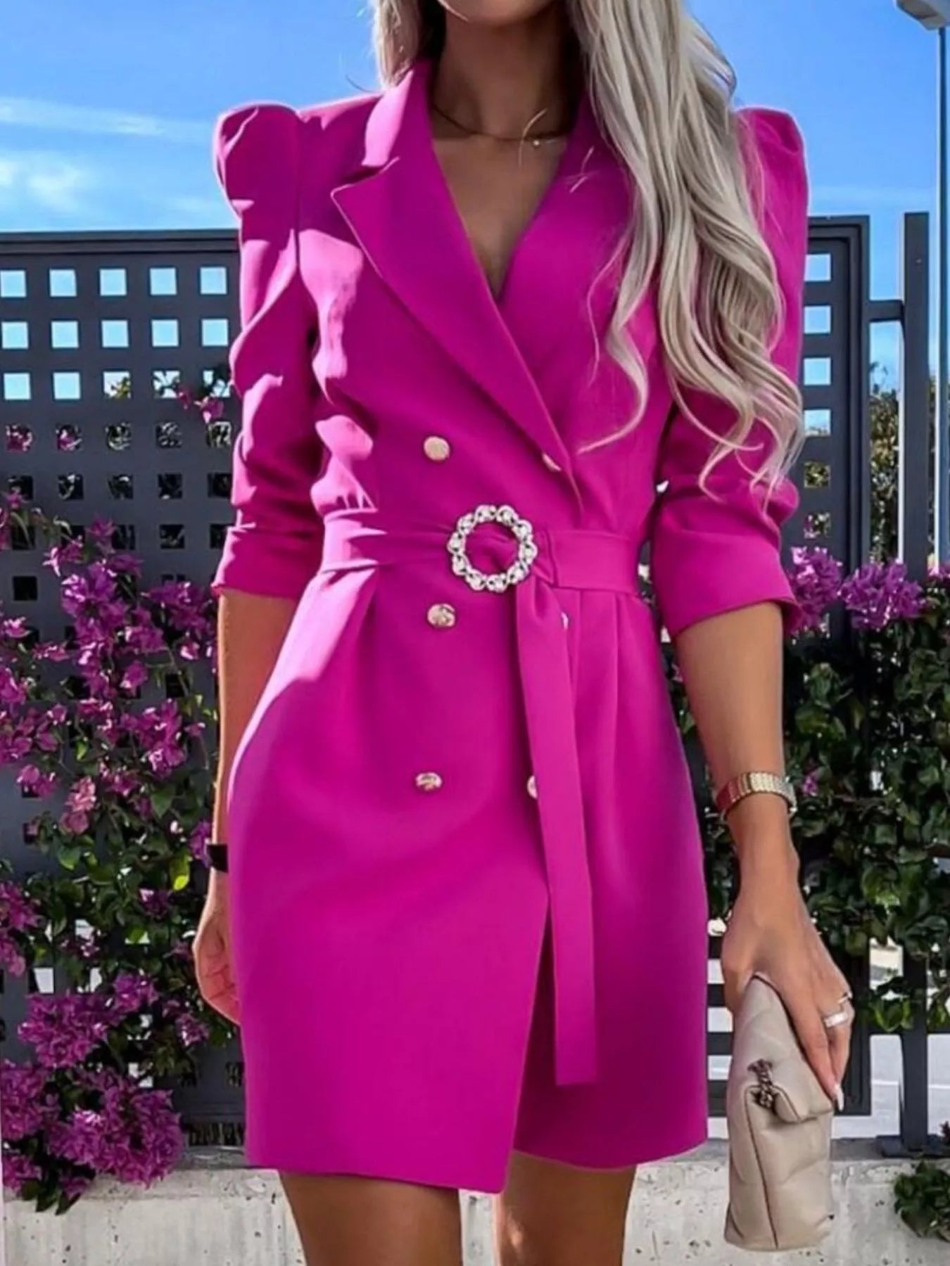 3/4 Sleeve Belted Blazer Dress
