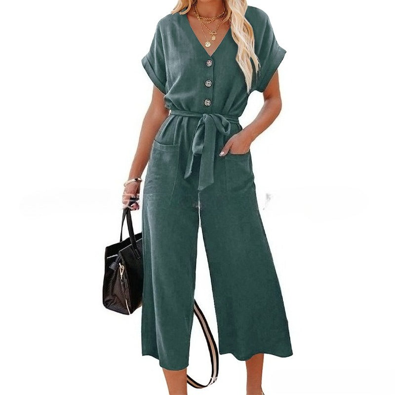 Women's Wide-Leg Jumpsuit Relaxed V-Neck Tie-Waist with Pockets Summer