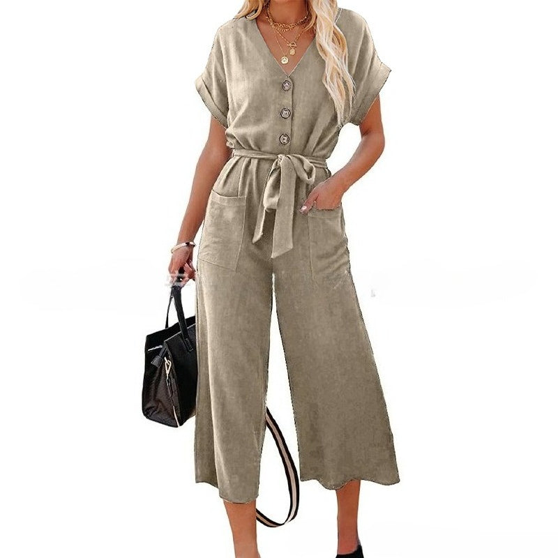 Women's Wide-Leg Jumpsuit Relaxed V-Neck Tie-Waist with Pockets Summer