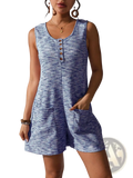Waffle Knit Button Front Sleeveless Pocket Jumpsuit