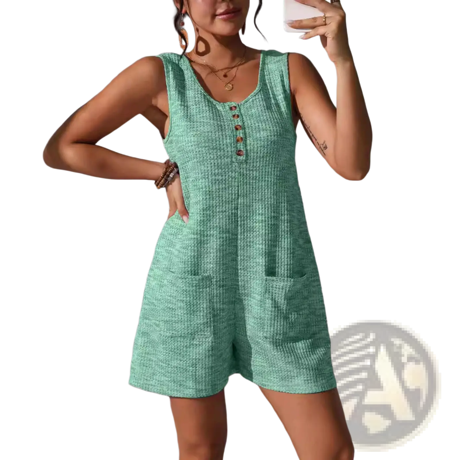 Waffle Knit Button Front Sleeveless Pocket Jumpsuit