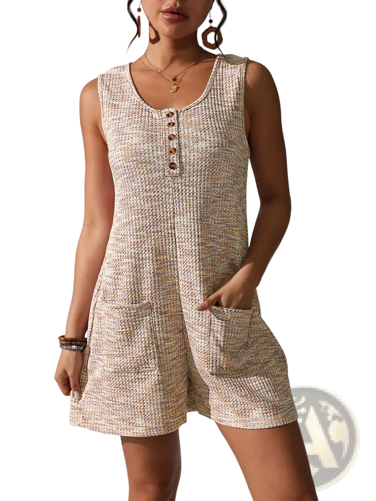 Waffle Knit Button Front Sleeveless Pocket Jumpsuit