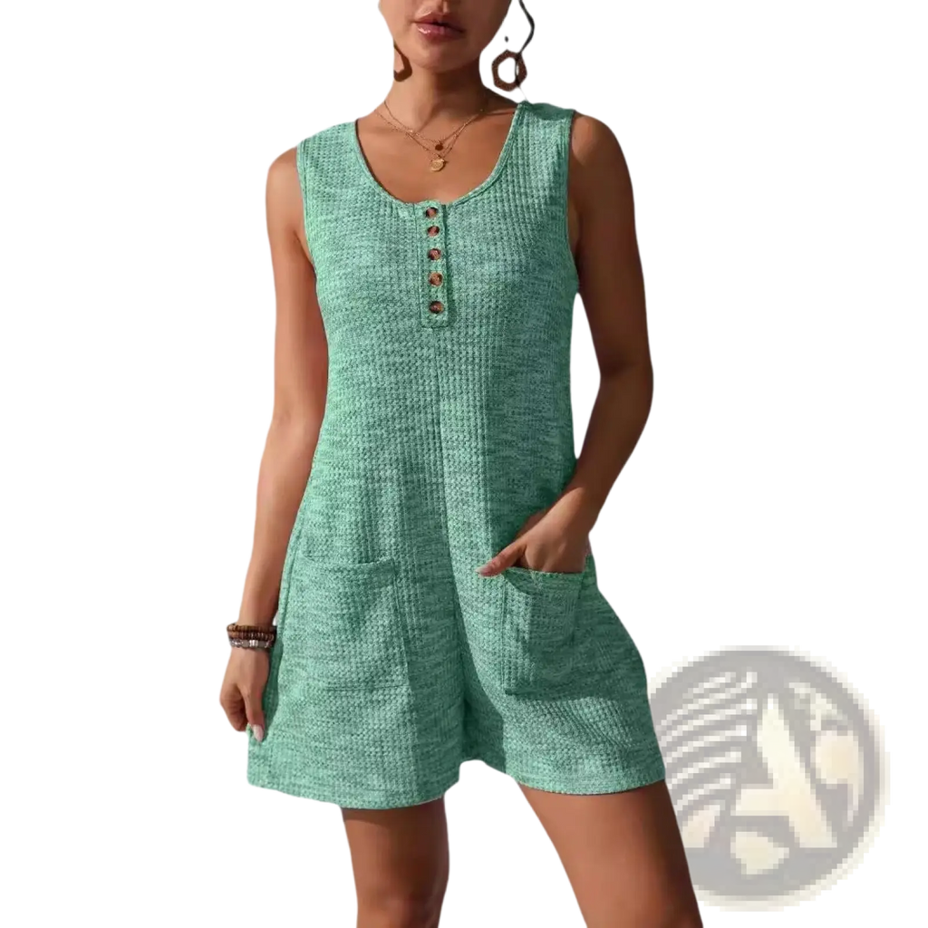 Waffle Knit Button Front Sleeveless Pocket Jumpsuit