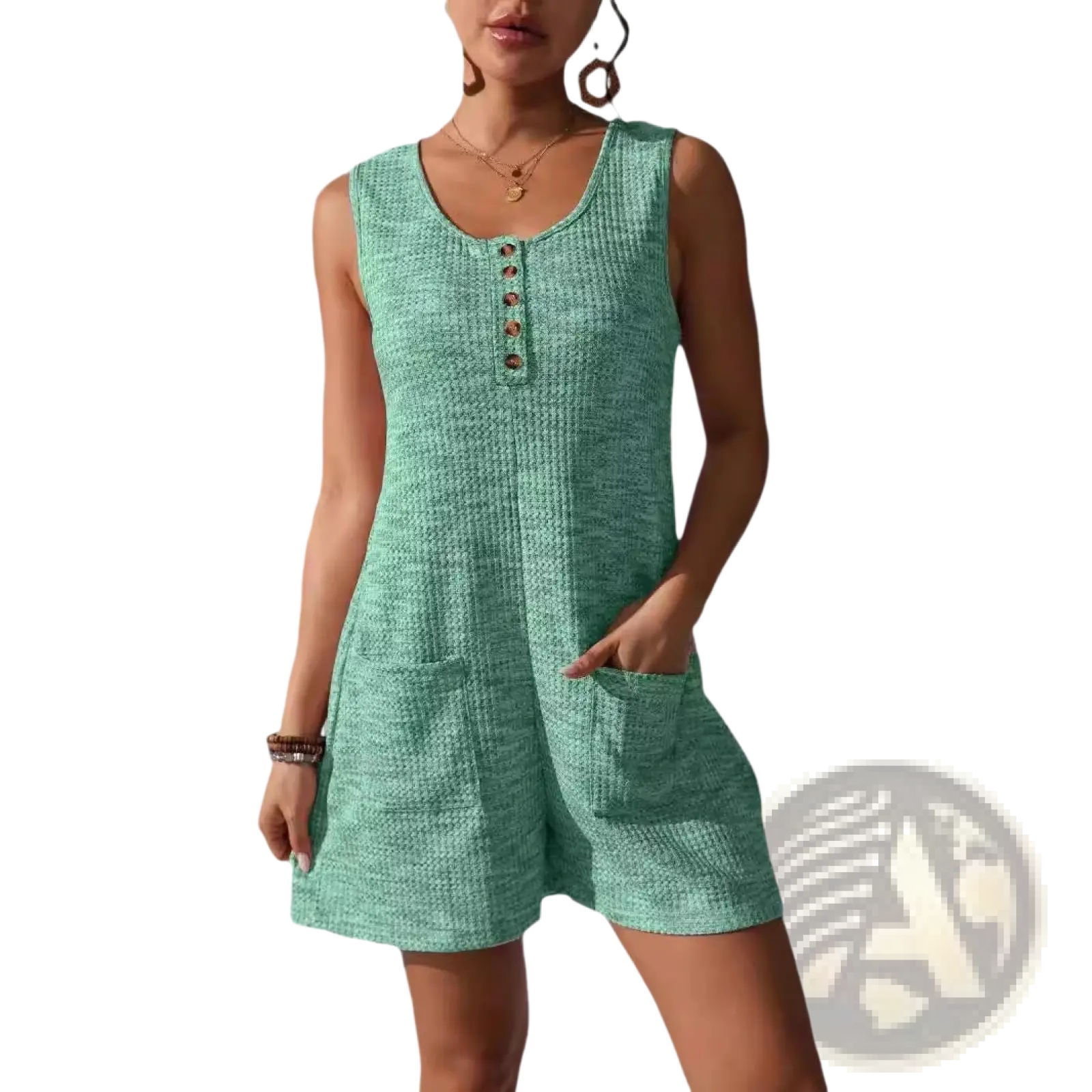 Waffle Knit Button Front Sleeveless Pocket Jumpsuit