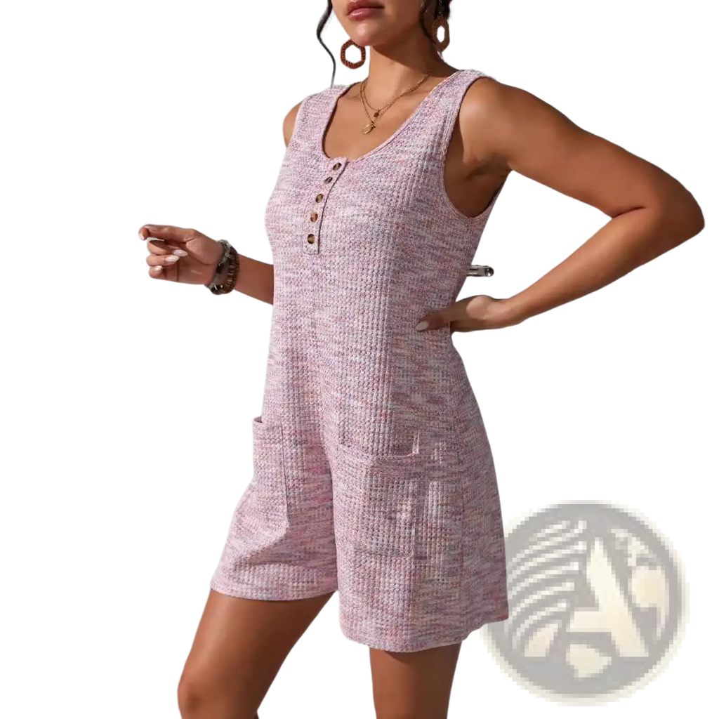 Waffle Knit Button Front Sleeveless Pocket Jumpsuit