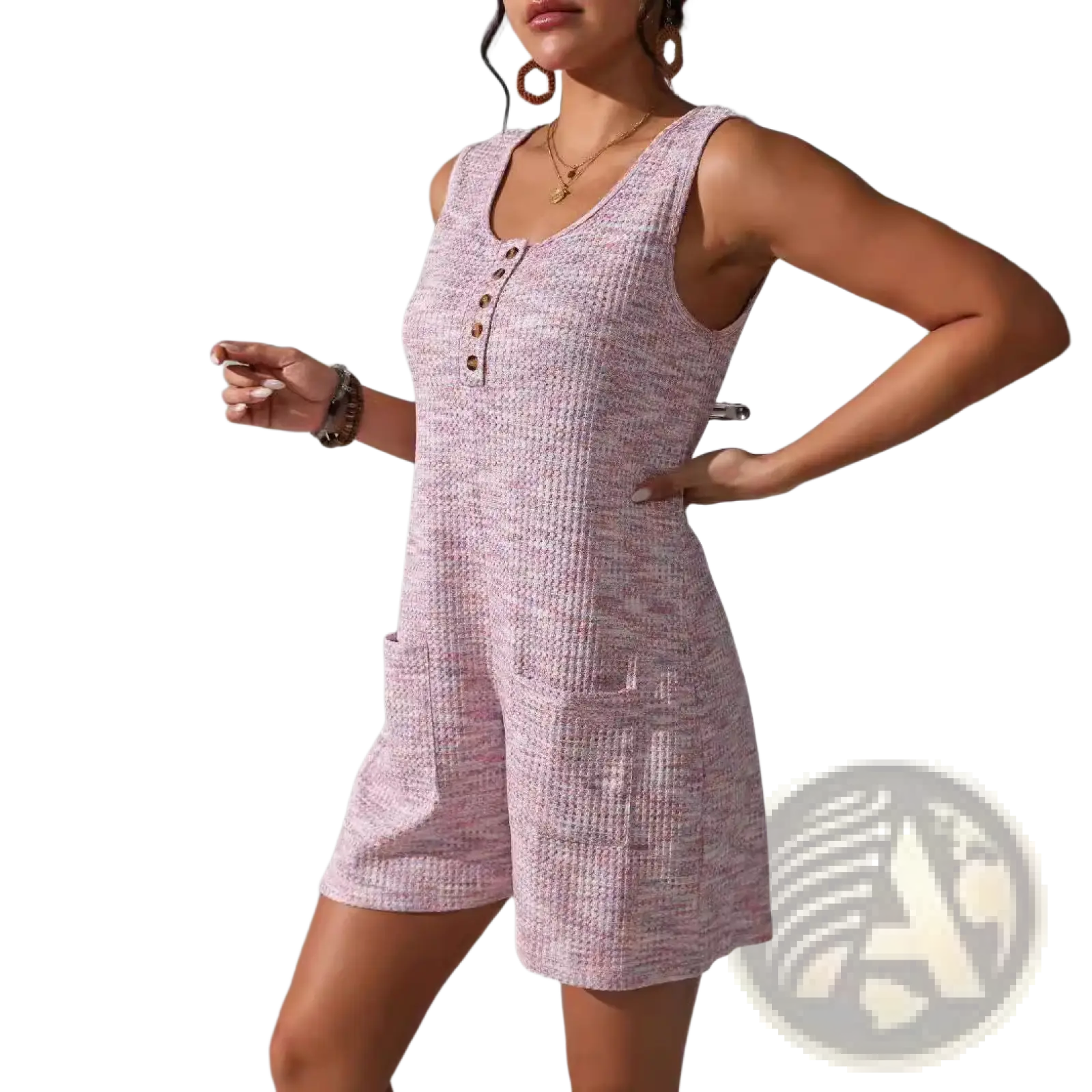 Waffle Knit Button Front Sleeveless Pocket Jumpsuit